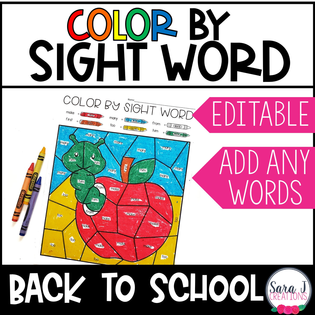 Back to School Coloring Sheets Color by Sight Word Editable Pages ...