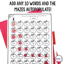Load image into Gallery viewer, September Sight Word Coloring Pages Editable Apple Mazes for Fall