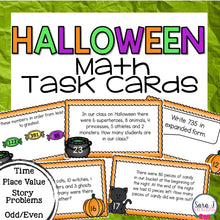 Load image into Gallery viewer, Halloween Math Task Cards - Time, Place Value, Story Problems