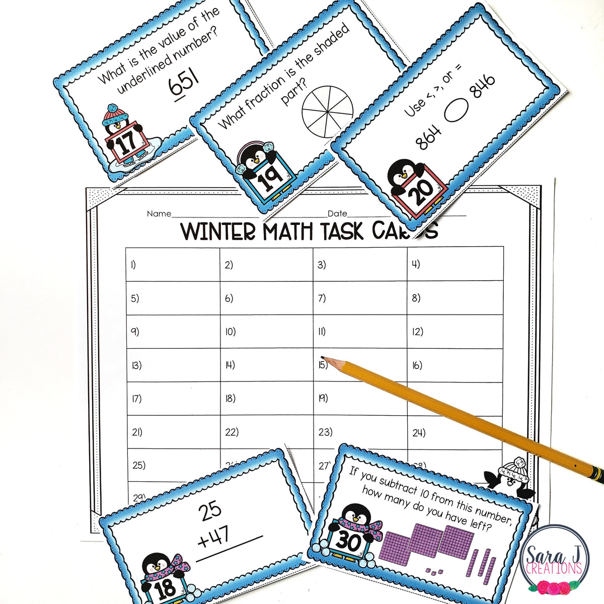Winter Math Task Cards - Time, Money, Fractions, Place Value – Sara J ...