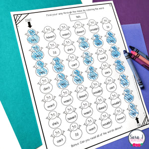 Winter Color by Sight Word Mazes - Snowman Mazes for January