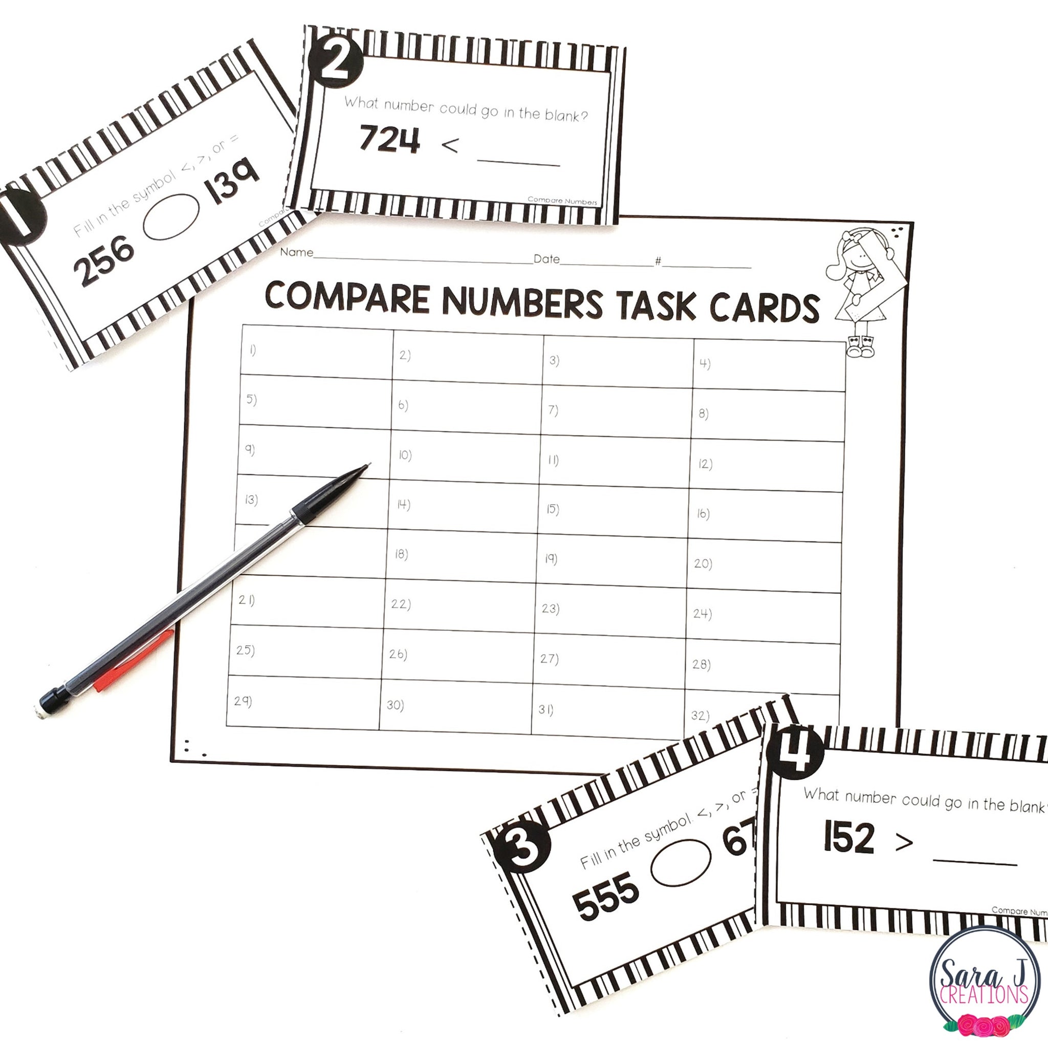Task Box Comparing Numbers Comparing Numbers up to 1,000 Task Cards – Sara J Creations