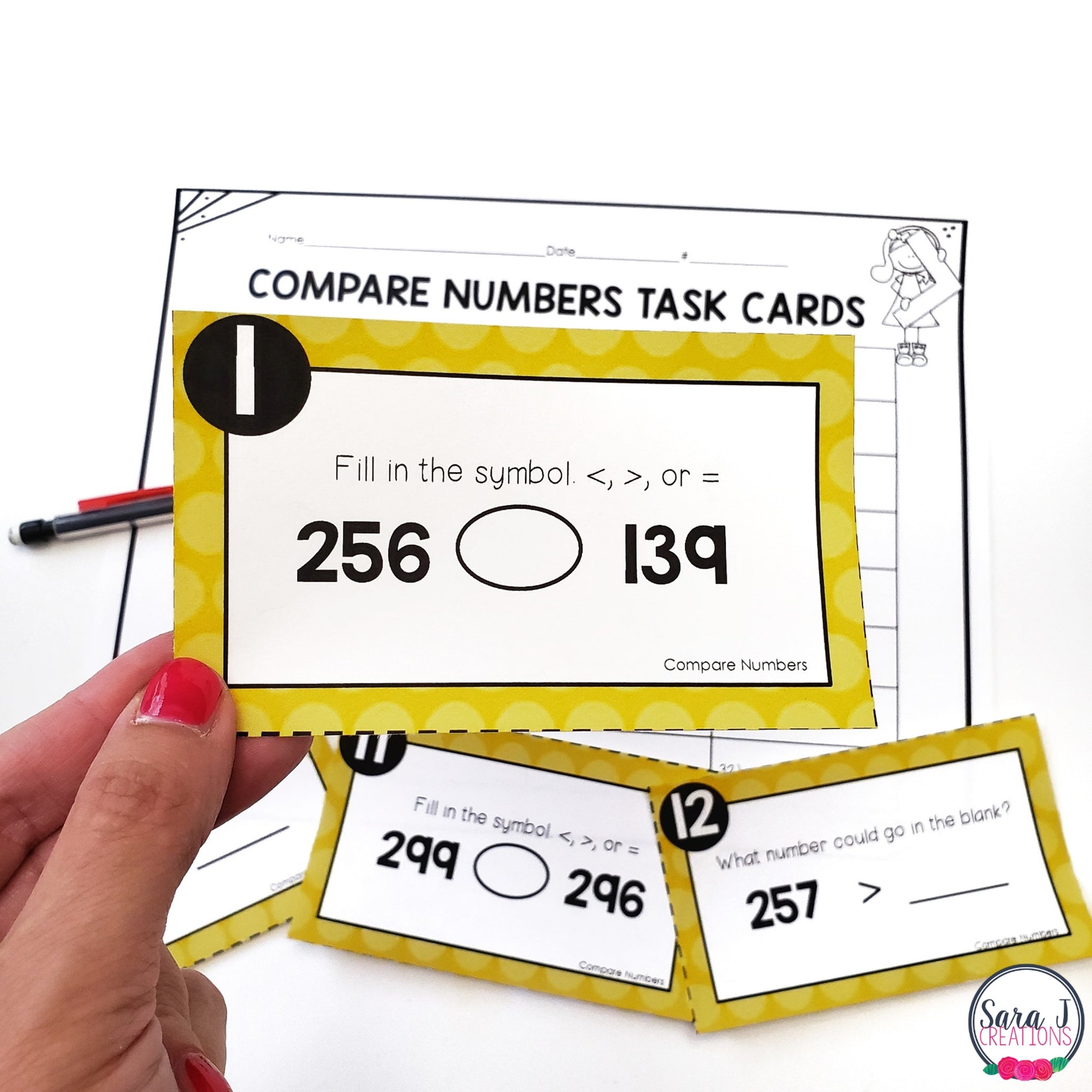 Number Card Comparing Comparing Numbers up to 1,000 Task Cards – Sara J Creations