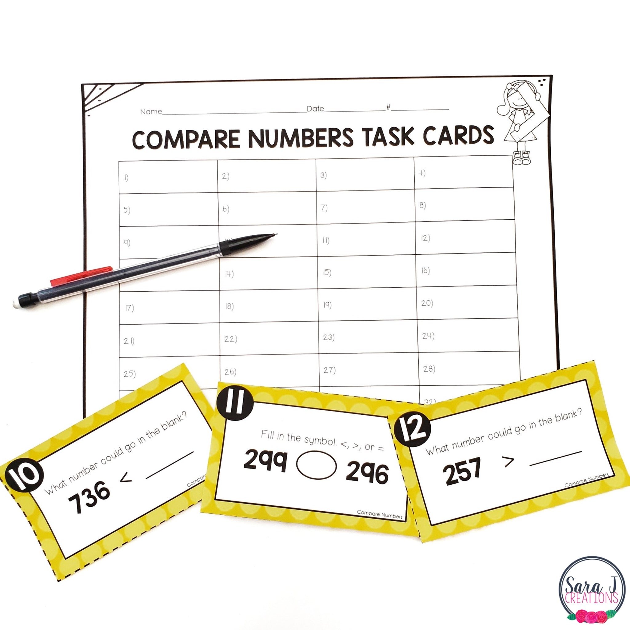 Comparing Numbers Task Cards Comparing Numbers up to 1,000 Task Cards – Sara J Creations