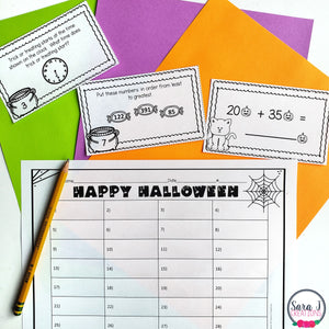 Halloween Math Task Cards - Time, Place Value, Story Problems