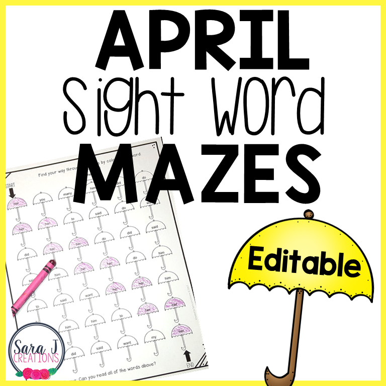 Editable Color by Sight Word Spring Mazes