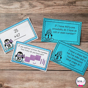 Winter Math Task Cards - Time, Money, Fractions, Place Value