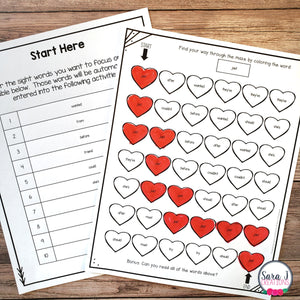 Editable Color by Sight Word Heart Mazes for Valentine's Day