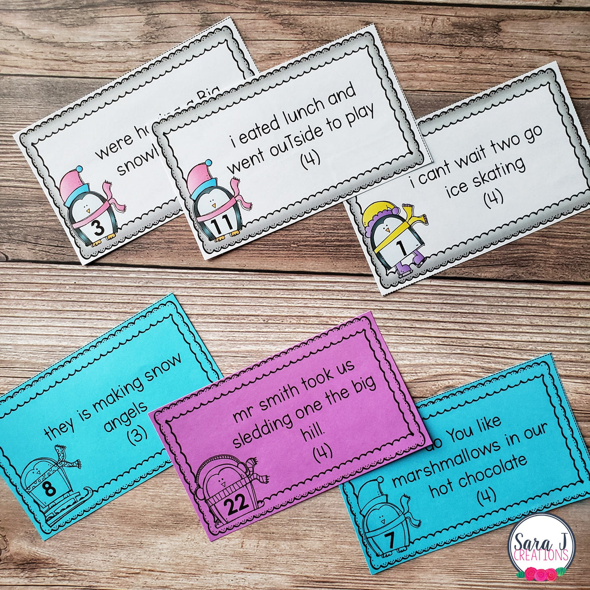 Sentence Task Cards Winter Themed ELA Task Cards - Punctuation, Parts of Speech, Fix the S ...